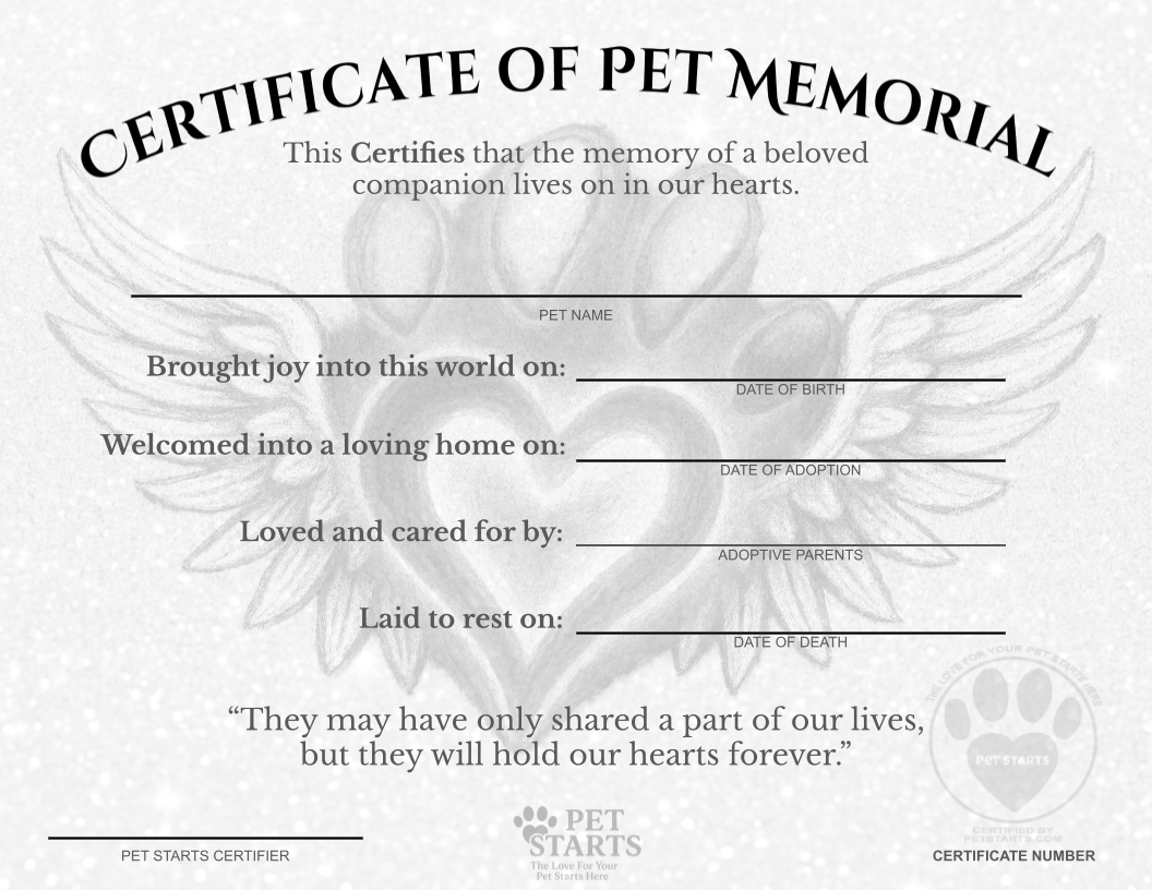 Original Wings of Rememberence Pet Memorial Certificate